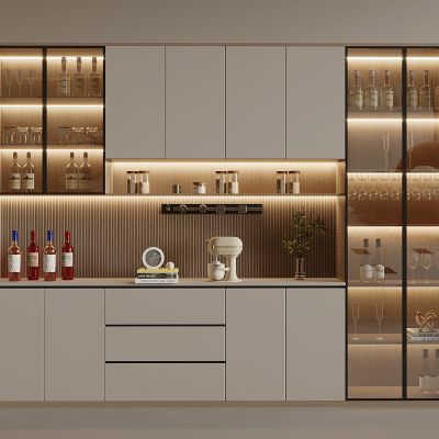 现代轻奢酒柜 玻璃酒柜 酒水酒瓶酒具 咖啡机 轨道插座 摆件