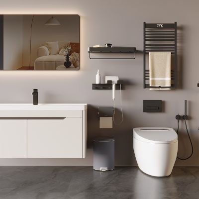 现代卫生间 浴室柜 电加热毛巾杆架 花洒淋浴 智能马桶 吹风机 马桶伴侣