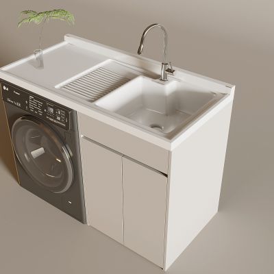 现代洗衣机柜 洗手台搓衣台盆 水龙头 水生植物 阳台洗衣机柜