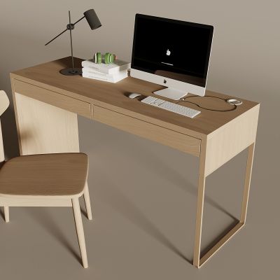 中古风电脑桌椅 现代实木书桌椅 苹果台式电脑 台灯 书本书籍