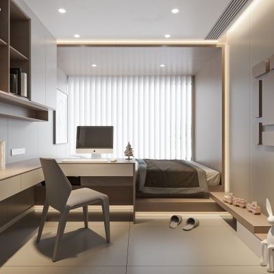 现代卧室 饰品 休闲椅 床头吊灯 无主灯造形吊顶 衣柜 书柜 书桌