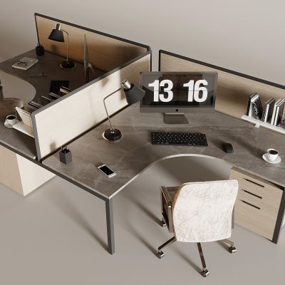 现代办公桌椅组合 升降旋转椅 台式电脑 手机 书本书籍 台灯