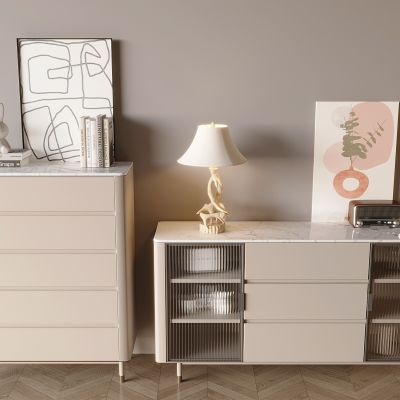 现代奶油风边柜 法式奶油风五斗柜 台灯 玻璃边柜 书本书籍 装饰画摆件