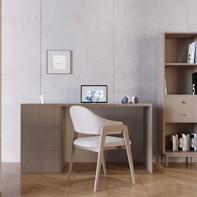 现代书桌椅组合 落地书柜 电脑耳机 书本书籍 书桌 休闲椅