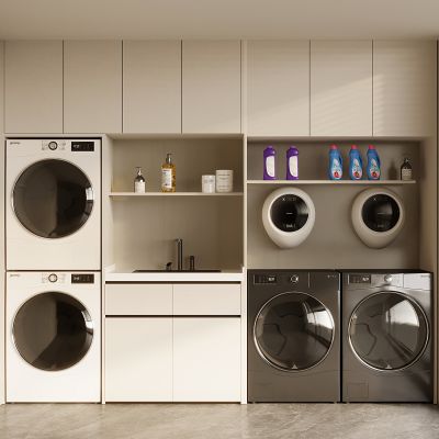 现代洗衣房洗衣间 洗衣柜储物柜 壁挂洗衣机烘干机 家居阳台 卫浴柜组合