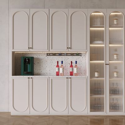 法式奶油风酒柜 玻璃酒柜 直饮机 红酒 酒水酒瓶 轨道插座