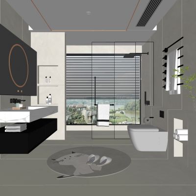 现代卫生间 浴室柜 洗脸盆 镜柜 淋浴 玻璃房