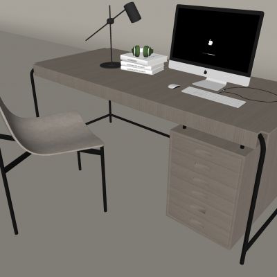 现代书桌椅组合 抽屉式书桌 苹果台式电脑 台灯 书本书籍