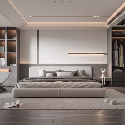 现代卧室 饰品 休闲椅 床头吊灯 无主灯造形吊顶 衣柜