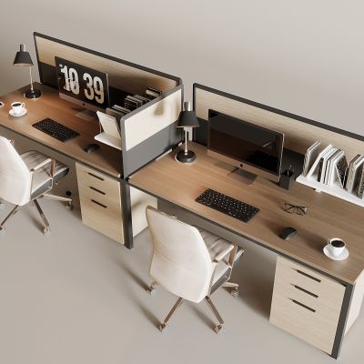 现代办公桌椅组合 抽屉式办公桌 升降旋转椅 台式电脑 台灯 书本书籍