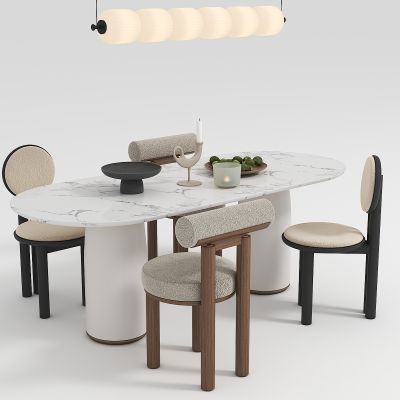 现代奶油餐桌椅组合3D模型