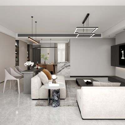 现代客餐厅 吊灯 沙发茶几组合 餐桌椅组合 书柜 酒柜 鞋柜