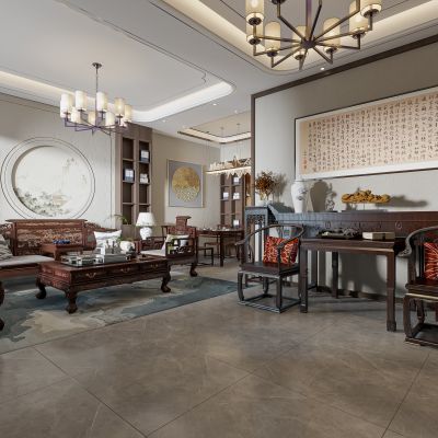 新中式客餐厅 沙发背景墙 沙发茶几组合3D模型