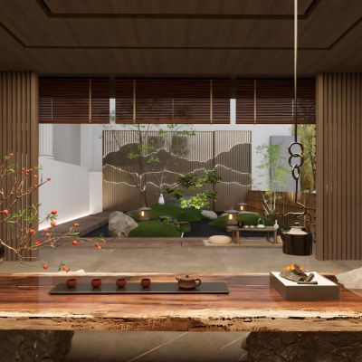 日式庭院_诧寂庭院_亭子_茶台_日式石灯_竹篱笆