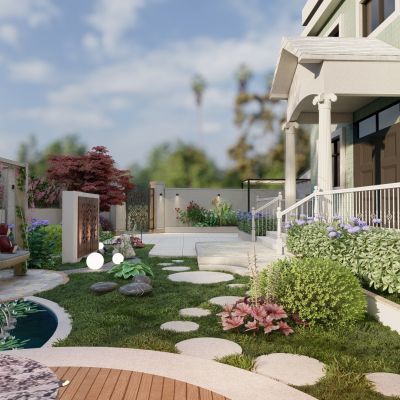 现代田园自然风曲线庭院花园_圆形趣味汀步