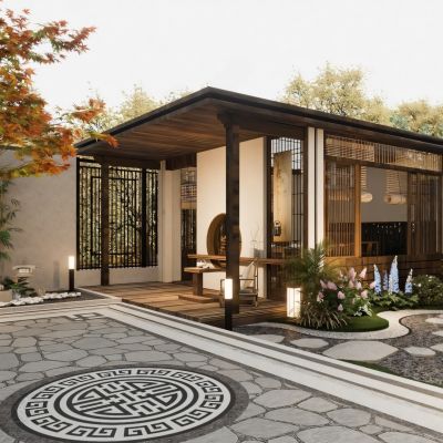 新中式庭院花园_防腐木凉亭