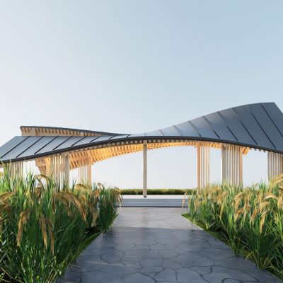 新中式曲线廊架 曲线景观构筑物 曲线坡屋面 景观亭子 餐饮建筑 稻田驿站