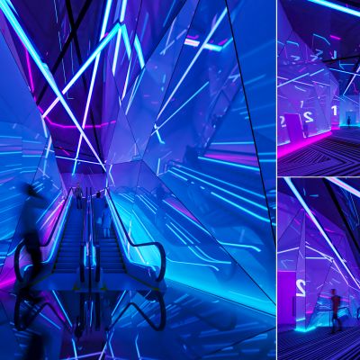 赛博朋克 炫酷 影院通道 过道 扶梯