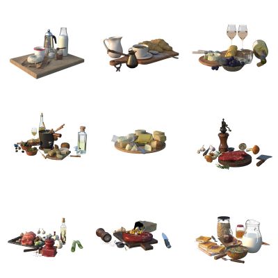 餐桌上的食物 早餐 外国早餐组合食品 牛排香料 起司黄油可颂面包 甜甜圈酒水刀具 牛奶咖啡