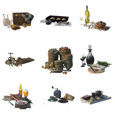 外国食物饮食 餐桌上的食物酒水饮料 水果 香肠坚果开果器 果酱巧克力咖啡