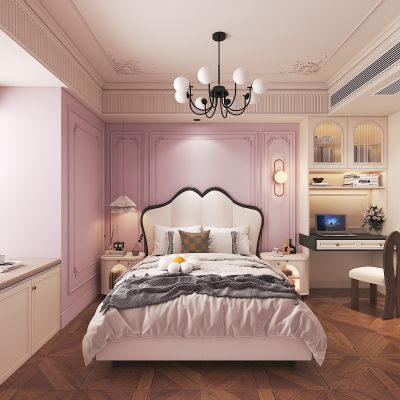 复古法式女孩房A 双人床组合 书桌椅组合 吊灯