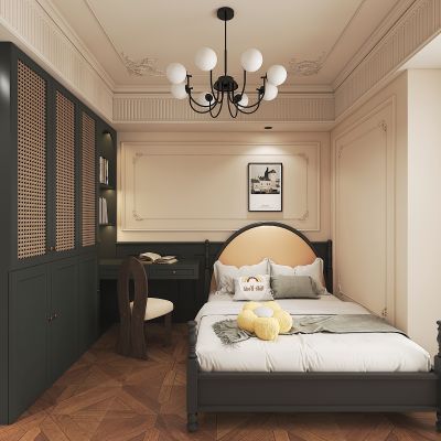 复古法式男孩房 吊灯 衣柜 单人床 书桌椅