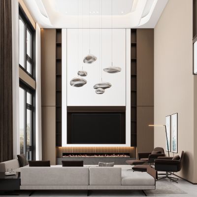 现代客厅 挑空客厅 沙发茶几组合 摆件 休闲椅 