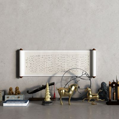 中式毛笔  马  塔 石狮子 转轴画 