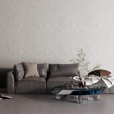 现代黑色皮革沙发 玻璃茶几