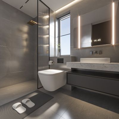 现代卫生间 浴室柜 洗脸盆 镜柜 淋浴 玻璃房3D模型