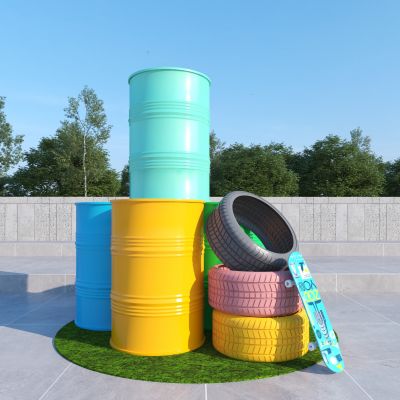 现代工业风油桶堆头美陈_轮胎美陈