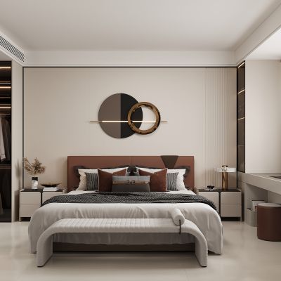 现代家居卧室 飘窗书桌 双人床 主卧 饰品摆件