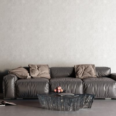 现代黑色皮革沙发 玻璃茶几