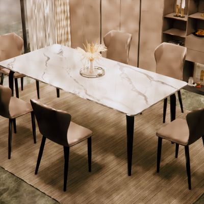 现代餐桌椅组合大理石餐桌长条餐桌摆件