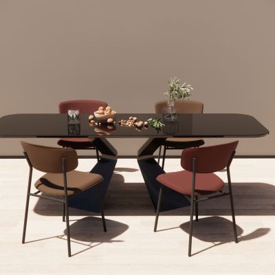 现代餐桌椅组合长条餐桌陈设摆件金属餐桌椅