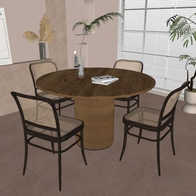 现代餐桌椅组合藤编桌椅圆餐桌实木餐桌餐桌摆件