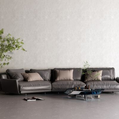 后现代黑色皮革沙发 玻璃茶几