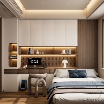 现代 奶油 中古风 拼色 榻榻米 衣柜 书桌 一体式 卧室