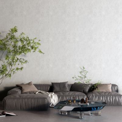 现代玻璃茶几 黑色皮革沙发