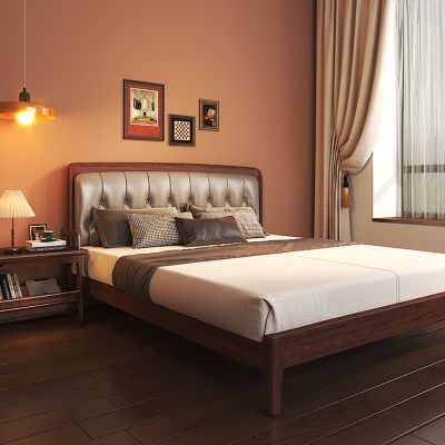 侘寂中古风实木双人床_床头柜_复古台灯