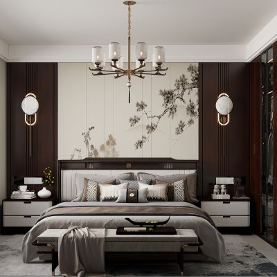 新中式卧室 双人床 床头柜 衣柜 脚踏 饰品摆件 无主灯
