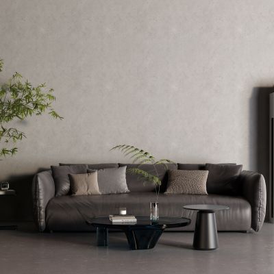 现代黑色皮革沙发 空调 盆栽 玻璃茶几