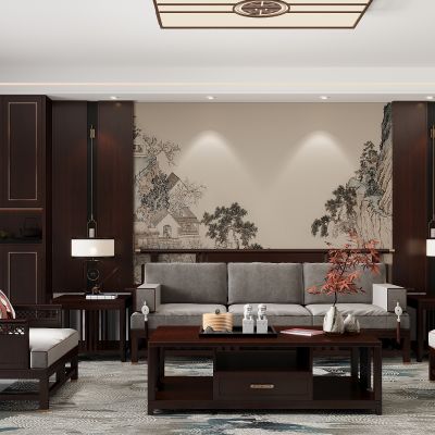 新中式客厅 沙发茶几组合 新中式沙发背景墙