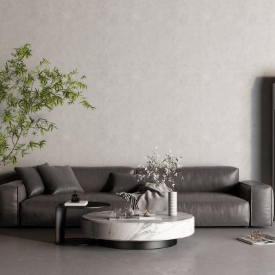 现代黑色皮革沙发 空调 大理石茶几