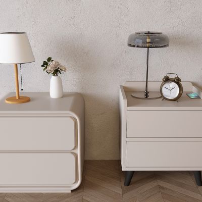 现代奶油风床头柜 抽屉式实木床头柜 创意台灯 花瓶花艺 闹钟摆件