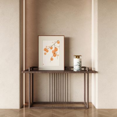 侘寂中古风端景条案 案几 新中式端景台 玄关 陶瓷饰品 装饰画摆件