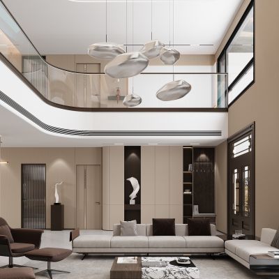 现代客厅 挑空客厅 沙发茶几组合 摆件 休闲椅 