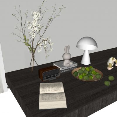 现代书桌 饰品摆件 蘑菇台灯 花瓶花艺 收音机 书本书籍 百叶帘 装饰画