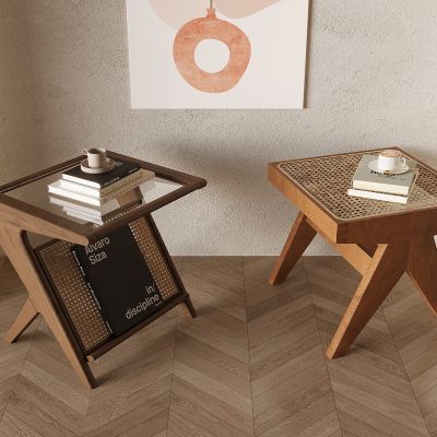 侘寂风边几角几 书本书籍 咖啡 咖啡杯 侘寂风藤编方几