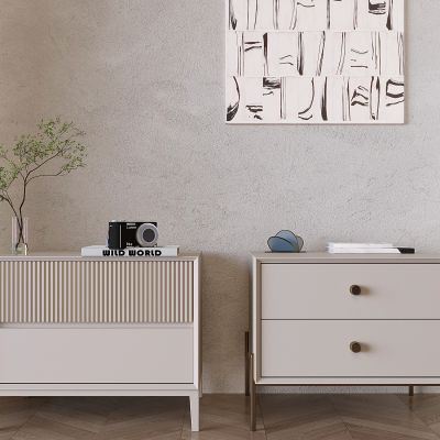 现代床头柜 抽屉式实木床头柜 水生植物 书本书籍照相机 装饰挂画  